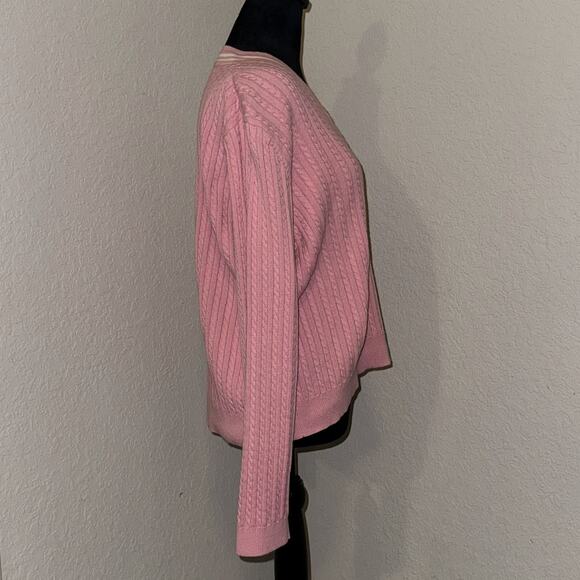 Izod Sweater Women's Large Pink Cable Knitted Long Sleeve V-Neck Preppy Pullover - Picture 3 of 11